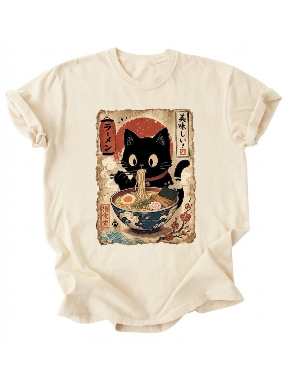 Japanese Ramen Black Cat Graphic Cream Cotton Gildan T-Shirt